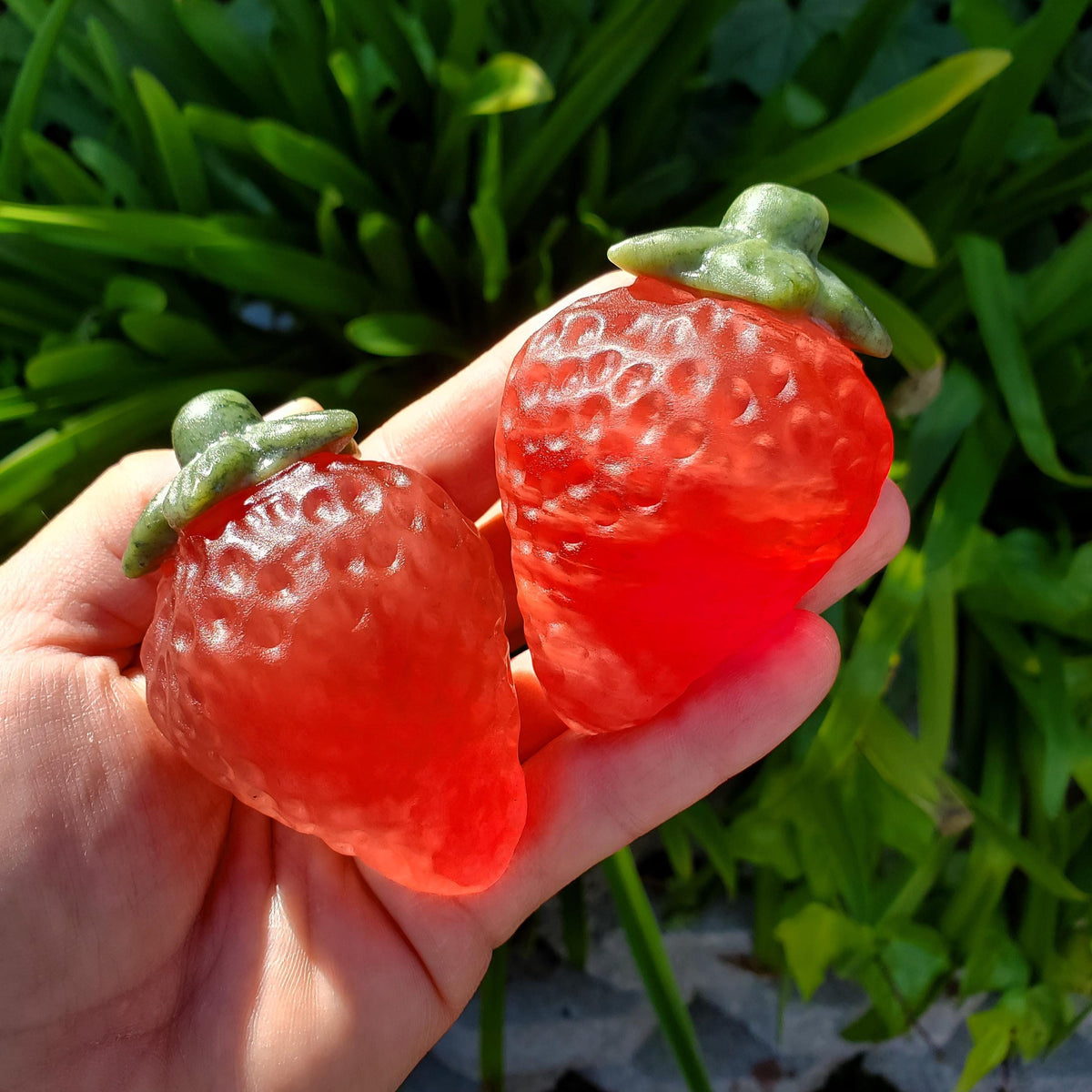 Chunky Red Glass Strawberry with Serpentine Jade Top - Confidence, Intuition, Rebirth, Guides Us To Our Purpose - Cute Fruit Carving Stone