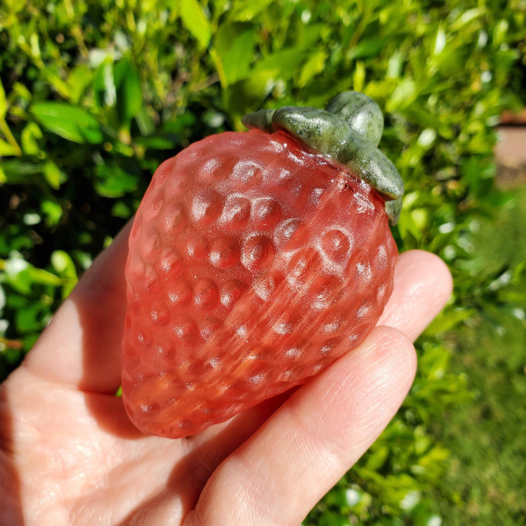 Chunky Red Glass Strawberry with Serpentine Jade Top - Confidence, Intuition, Rebirth, Guides Us To Our Purpose - Cute Fruit Carving Stone