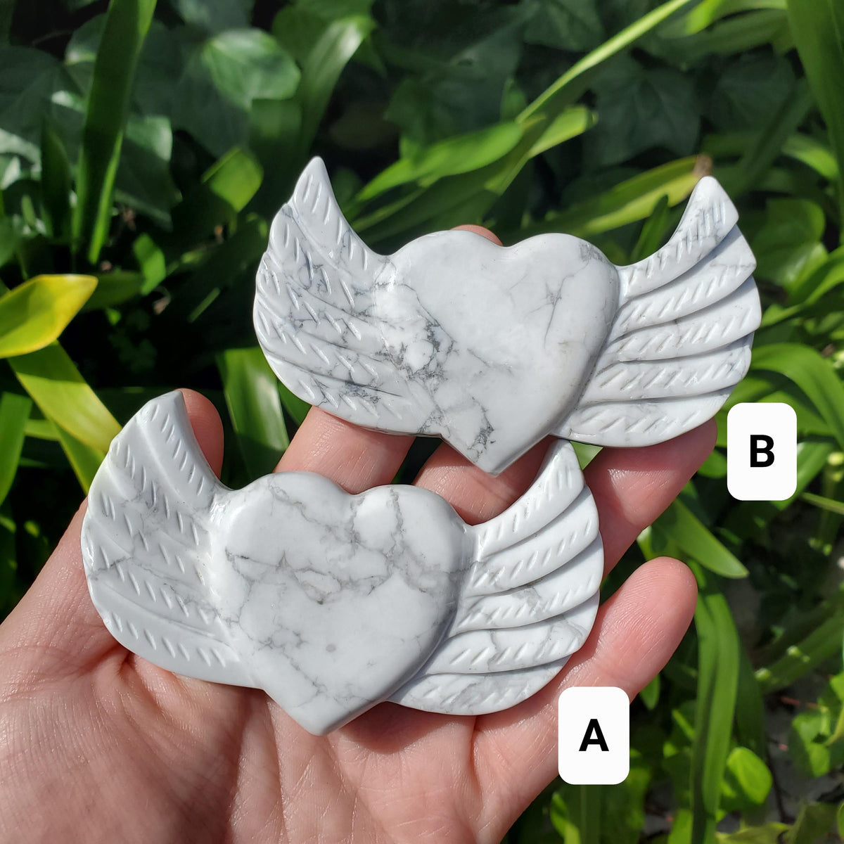 Howlite Heart Wings on Stand - Calm, Confidence, Emotional Healing - Cute Crystal Heart with Wings Carving Healing Crystals Gemstones
