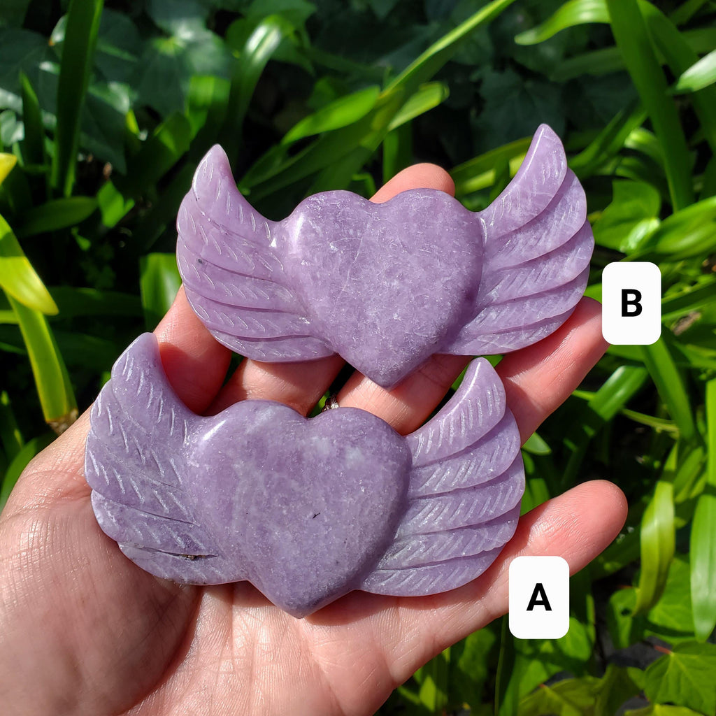 Lepidolite Heart Wings on Stand - Transitions, Stress Relief, Calming - Cute Purple Heart Crystal Carving with Wings Healing Gemstone