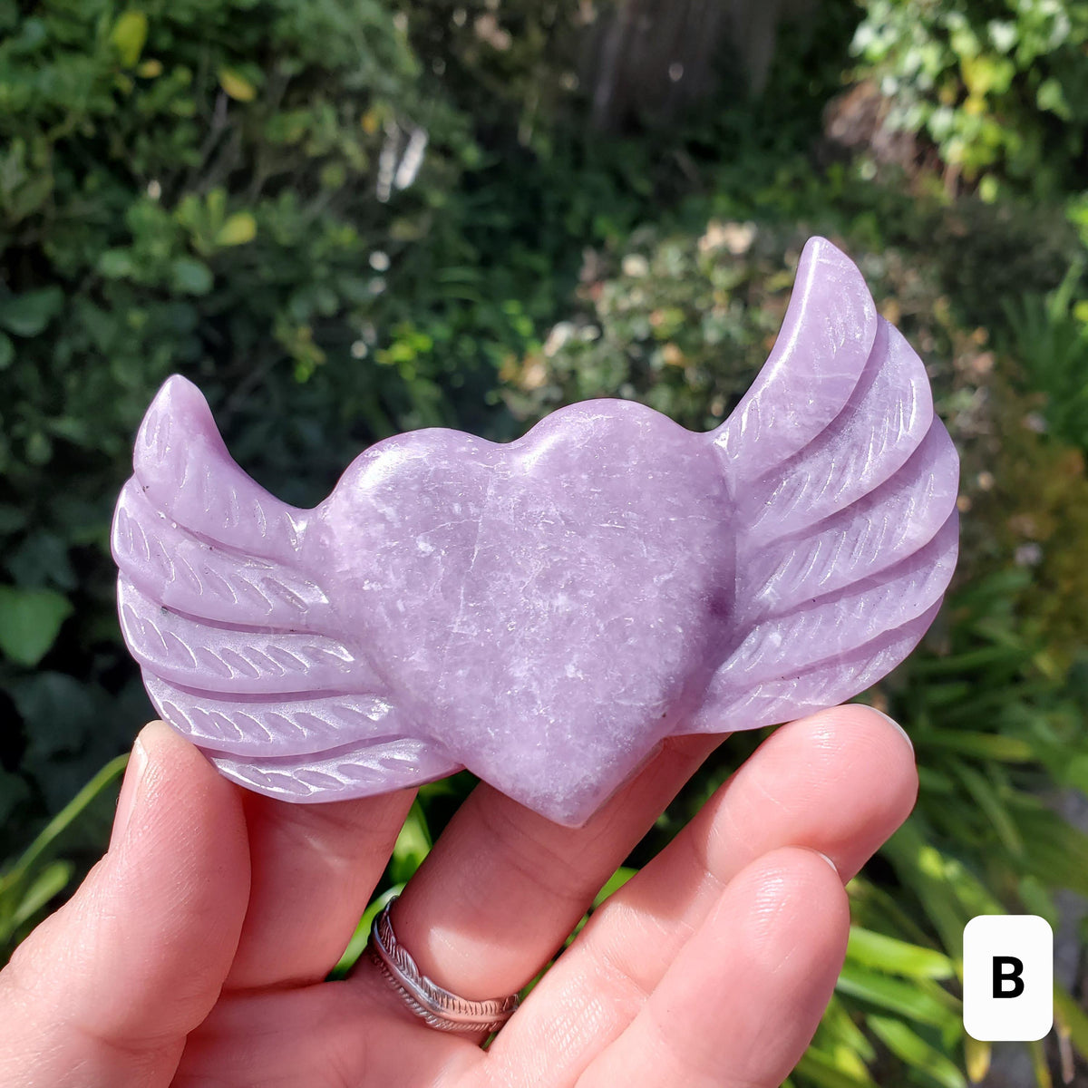 Lepidolite Heart Wings on Stand - Transitions, Stress Relief, Calming - Cute Purple Heart Crystal Carving with Wings Healing Gemstone