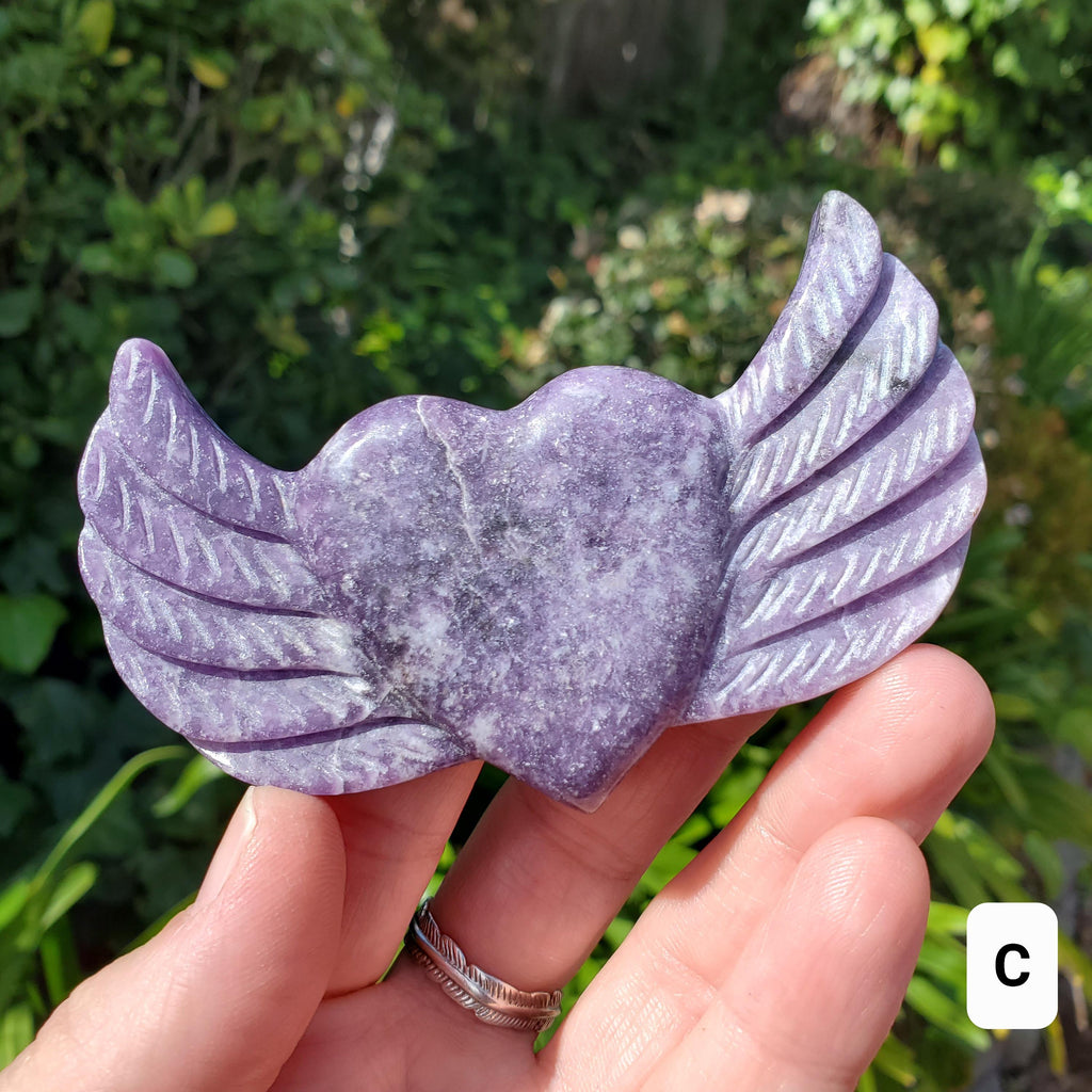 Lepidolite Heart Wings on Stand - Transitions, Stress Relief, Calming - Cute Purple Heart Crystal Carving with Wings Healing Gemstone