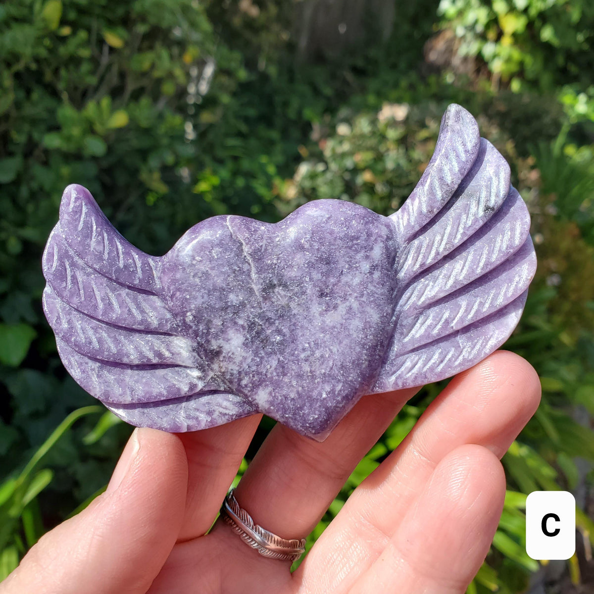 Lepidolite Heart Wings on Stand - Transitions, Stress Relief, Calming - Cute Purple Heart Crystal Carving with Wings Healing Gemstone
