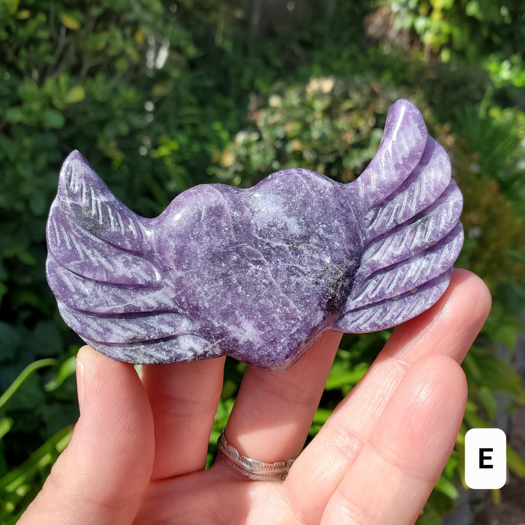 Lepidolite Heart Wings on Stand - Transitions, Stress Relief, Calming - Cute Purple Heart Crystal Carving with Wings Healing Gemstone