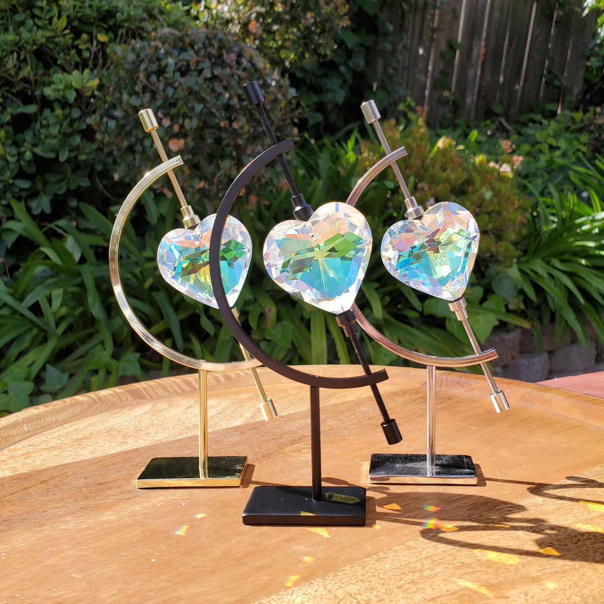 Faceted Heart Suncatcher with Metal Crescent Moon Stand 7" - Light Reflecting Glass Heart - Vanity Desk Office Home Decor Rainbow Catcher