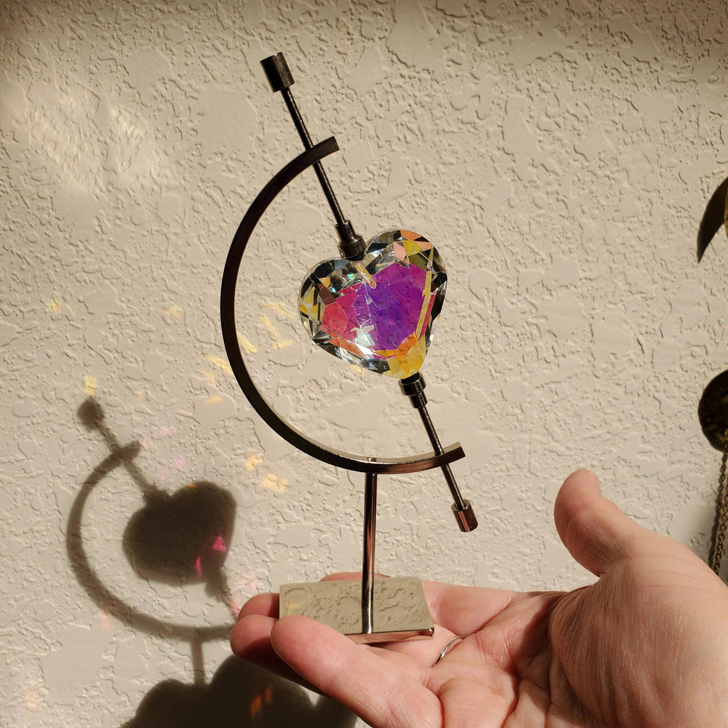 Faceted Heart Suncatcher with Metal Crescent Moon Stand 7" - Light Reflecting Glass Heart - Vanity Desk Office Home Decor Rainbow Catcher