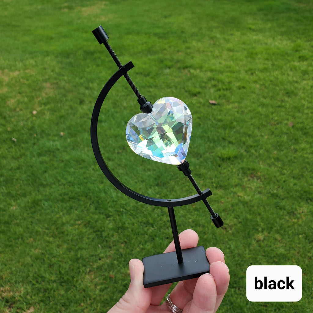 Faceted Heart Suncatcher with Metal Crescent Moon Stand 7" - Light Reflecting Glass Heart - Vanity Desk Office Home Decor Rainbow Catcher