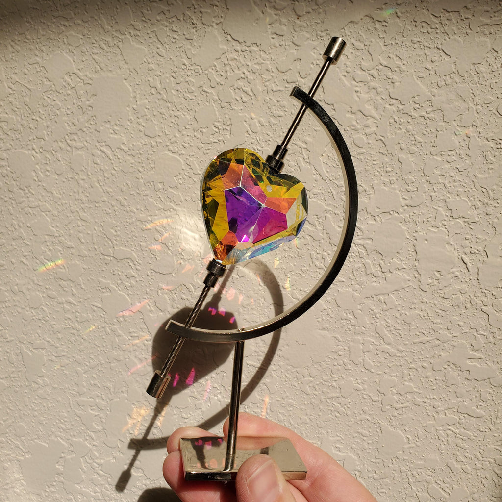 Faceted Heart Suncatcher with Metal Crescent Moon Stand 7" - Light Reflecting Glass Heart - Vanity Desk Office Home Decor Rainbow Catcher