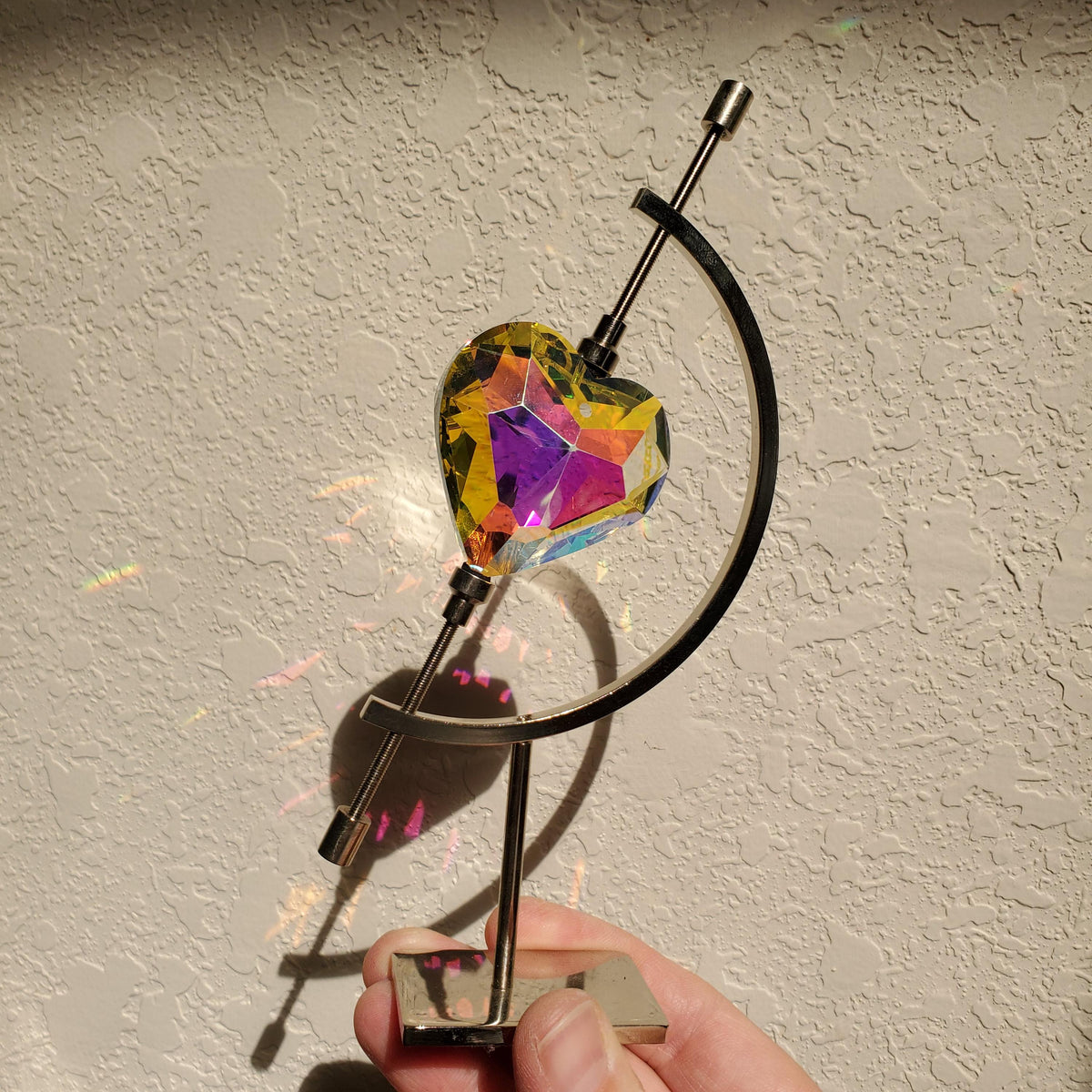 Faceted Heart Suncatcher with Metal Crescent Moon Stand 7" - Light Reflecting Glass Heart - Vanity Desk Office Home Decor Rainbow Catcher