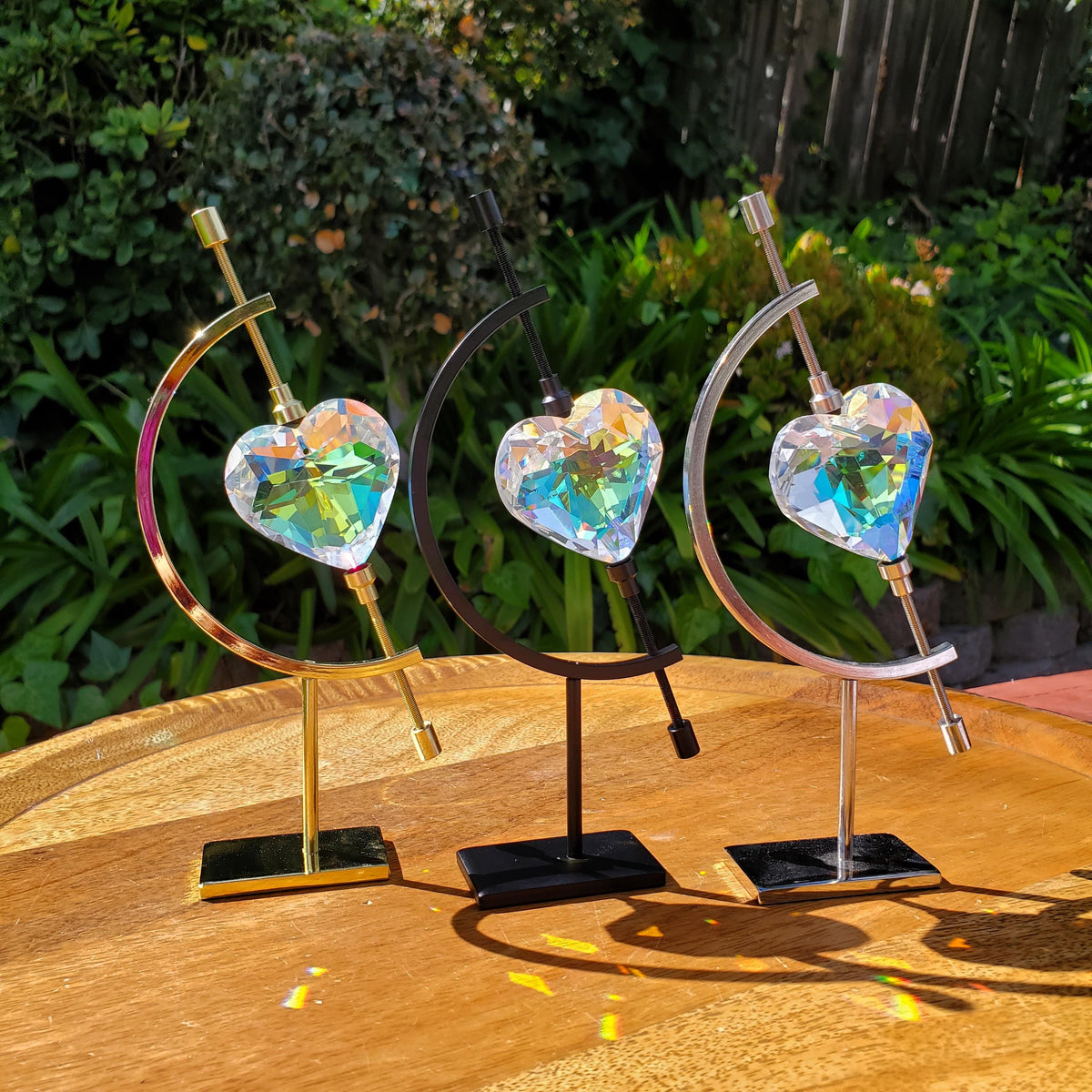 Faceted Heart Suncatcher with Metal Crescent Moon Stand 7" - Light Reflecting Glass Heart - Vanity Desk Office Home Decor Rainbow Catcher