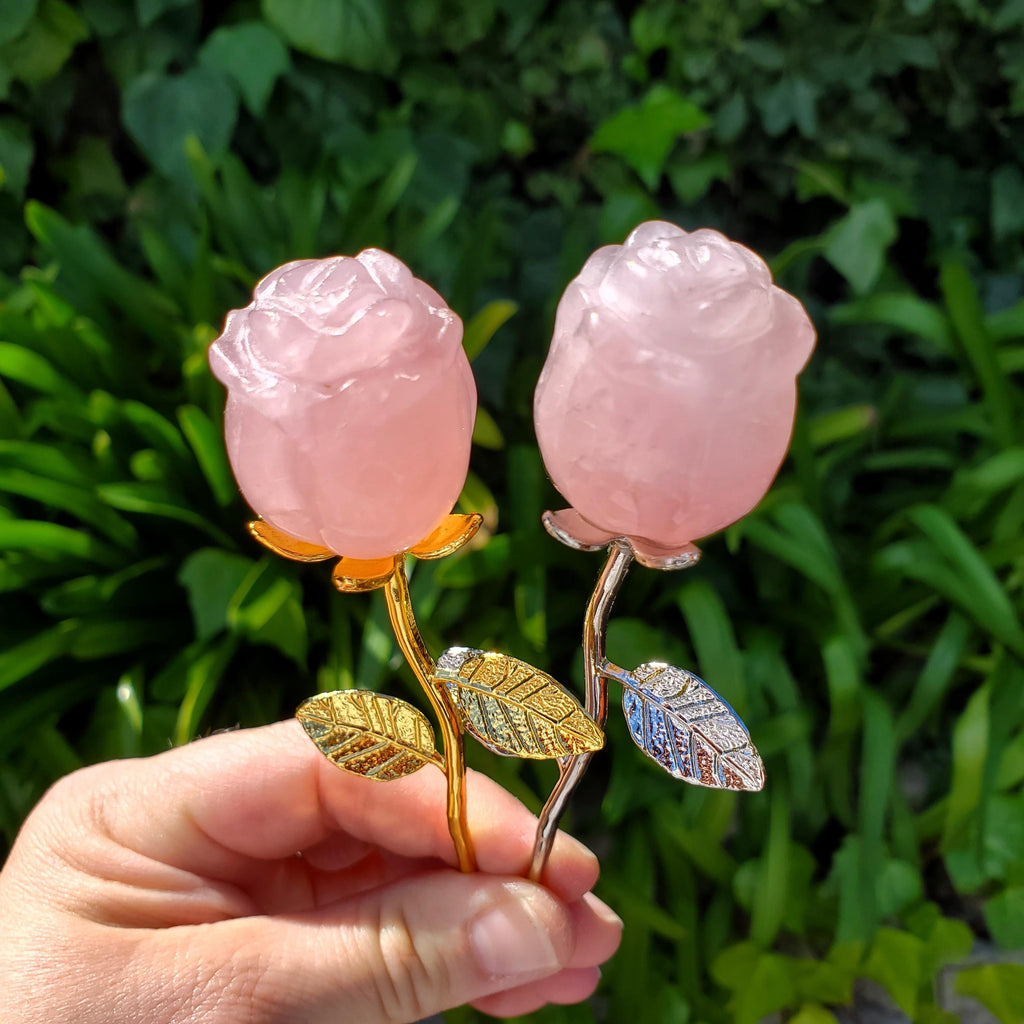 Small Rose Quartz Rose on Metal Stem - Unconditional Love, Compassion, Self Love - Pink Crystal Rose Bud with Silver or Gold Metal Stem