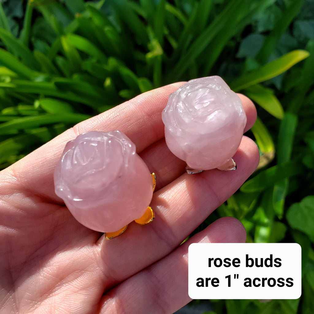 Small Rose Quartz Rose on Metal Stem - Unconditional Love, Compassion, Self Love - Pink Crystal Rose Bud with Silver or Gold Metal Stem