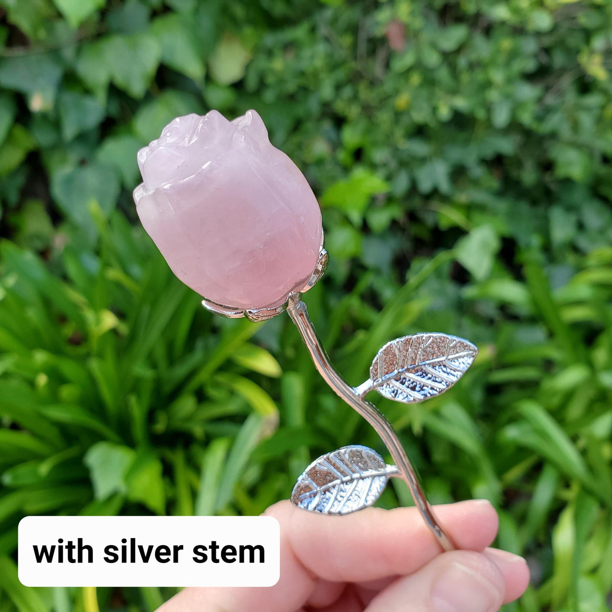 Small Rose Quartz Rose on Metal Stem - Unconditional Love, Compassion, Self Love - Pink Crystal Rose Bud with Silver or Gold Metal Stem