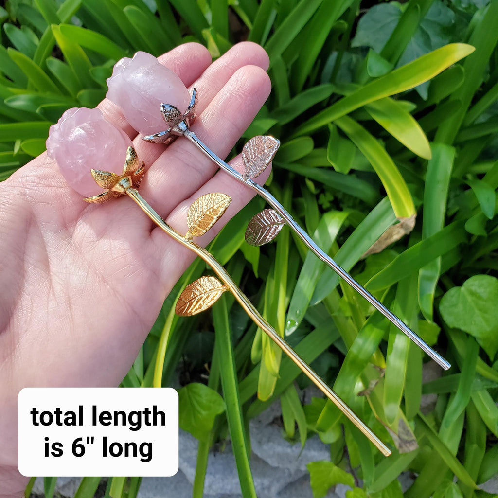 Small Rose Quartz Rose on Metal Stem - Unconditional Love, Compassion, Self Love - Pink Crystal Rose Bud with Silver or Gold Metal Stem
