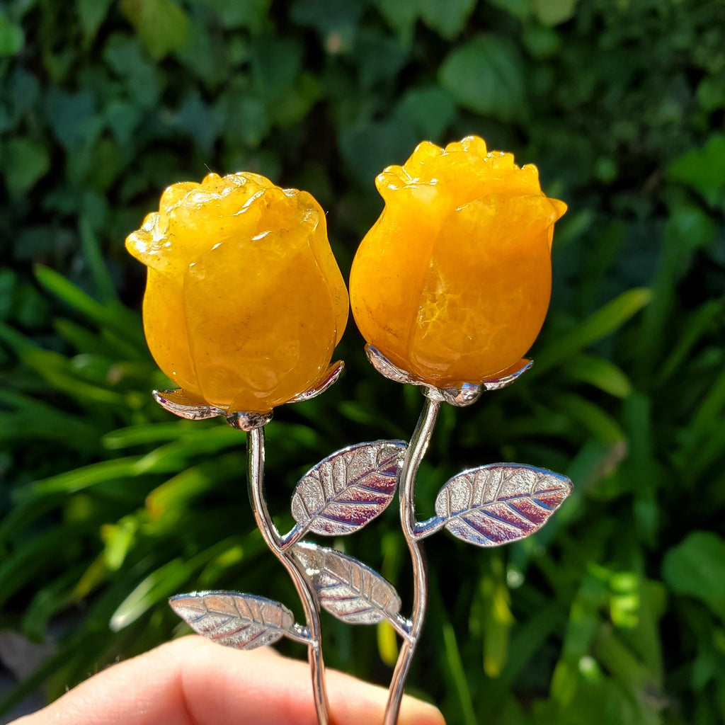 Small Golden Healer Rose on Metal Stem - Balance, Power, Energizing, Grounding - Cute Crystal Flower Display Healing Gemstone