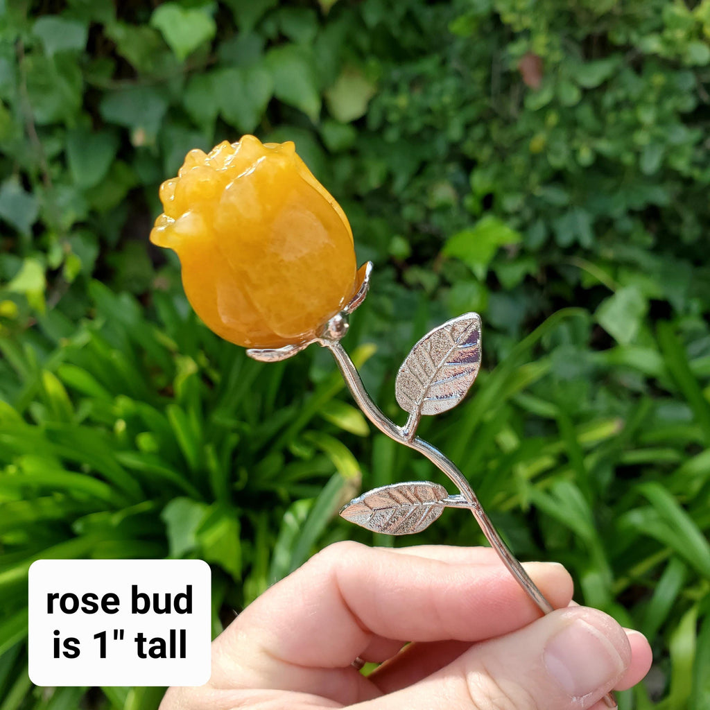 Small Golden Healer Rose on Metal Stem - Balance, Power, Energizing, Grounding - Cute Crystal Flower Display Healing Gemstone