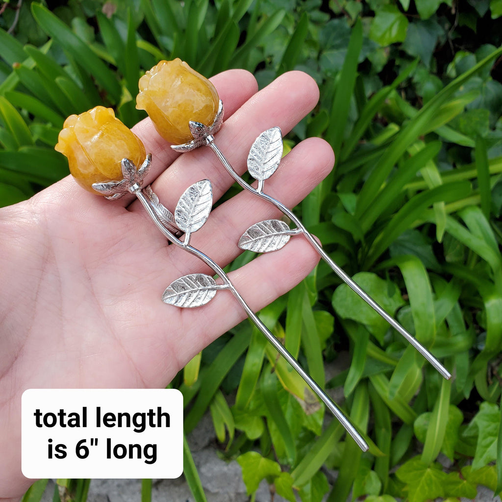 Small Golden Healer Rose on Metal Stem - Balance, Power, Energizing, Grounding - Cute Crystal Flower Display Healing Gemstone