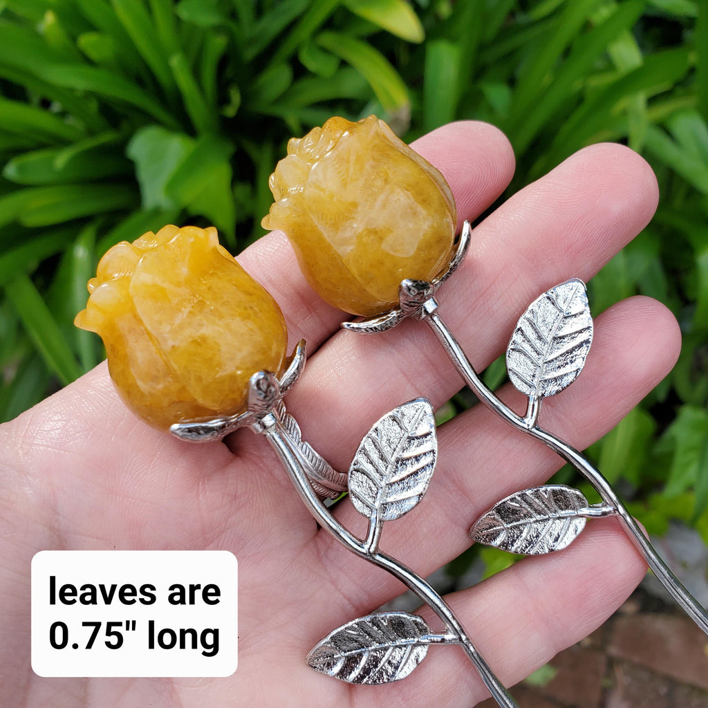 Small Golden Healer Rose on Metal Stem - Balance, Power, Energizing, Grounding - Cute Crystal Flower Display Healing Gemstone