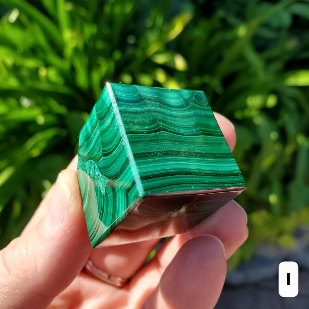 Malachite Cube with Cut Corner to Stand - Protection, Blocks EMF, Absorbs Negativity, Encourages Positive Change - Crystal Square Gemstone