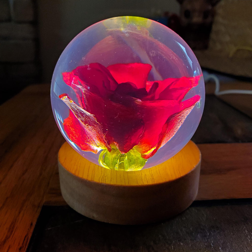 Rose Accent Light with Wooden Stand | Handmade Resin Craft with Real Rose Inside - Home Décor Night Light Beautiful Flower Gift Mood Lamp