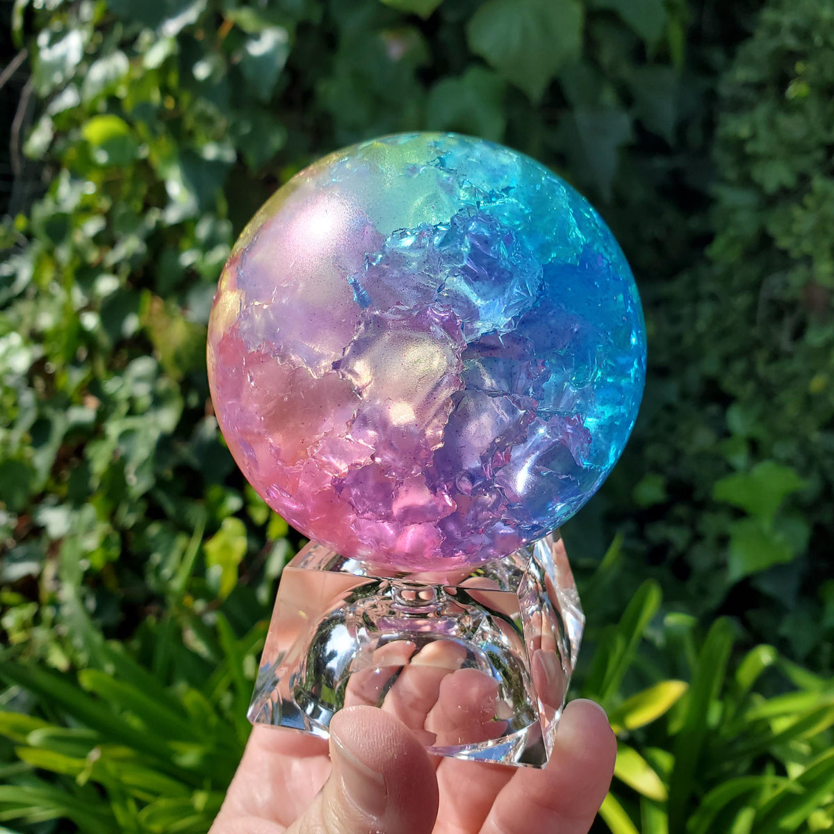 Big Rainbow Crackle Sphere with Glass Stand - Light Reflecting One of a Kind Crystal Ball - 3.05" Crystal Ball Statement Home Decor