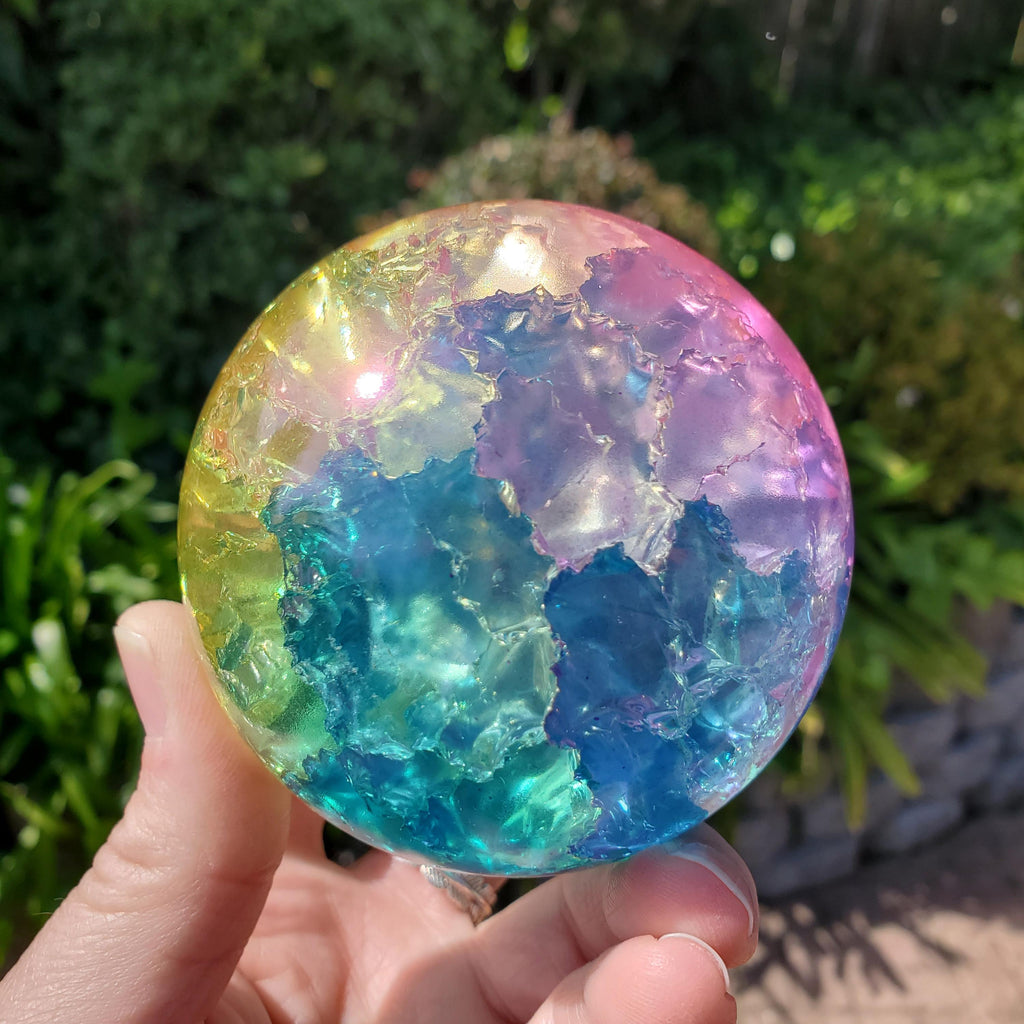 Big Rainbow Crackle Sphere with Glass Stand - Light Reflecting One of a Kind Crystal Ball - 3.05" Crystal Ball Statement Home Decor