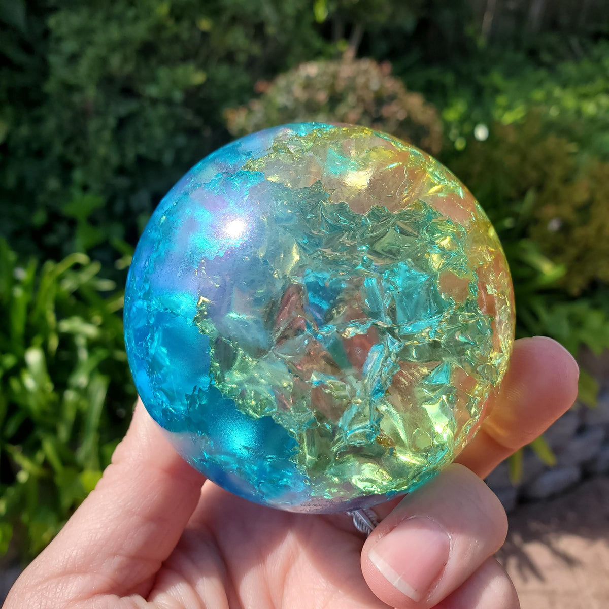 Big Rainbow Crackle Sphere with Glass Stand - Light Reflecting One of a Kind Crystal Ball - 3.05" Crystal Ball Statement Home Decor