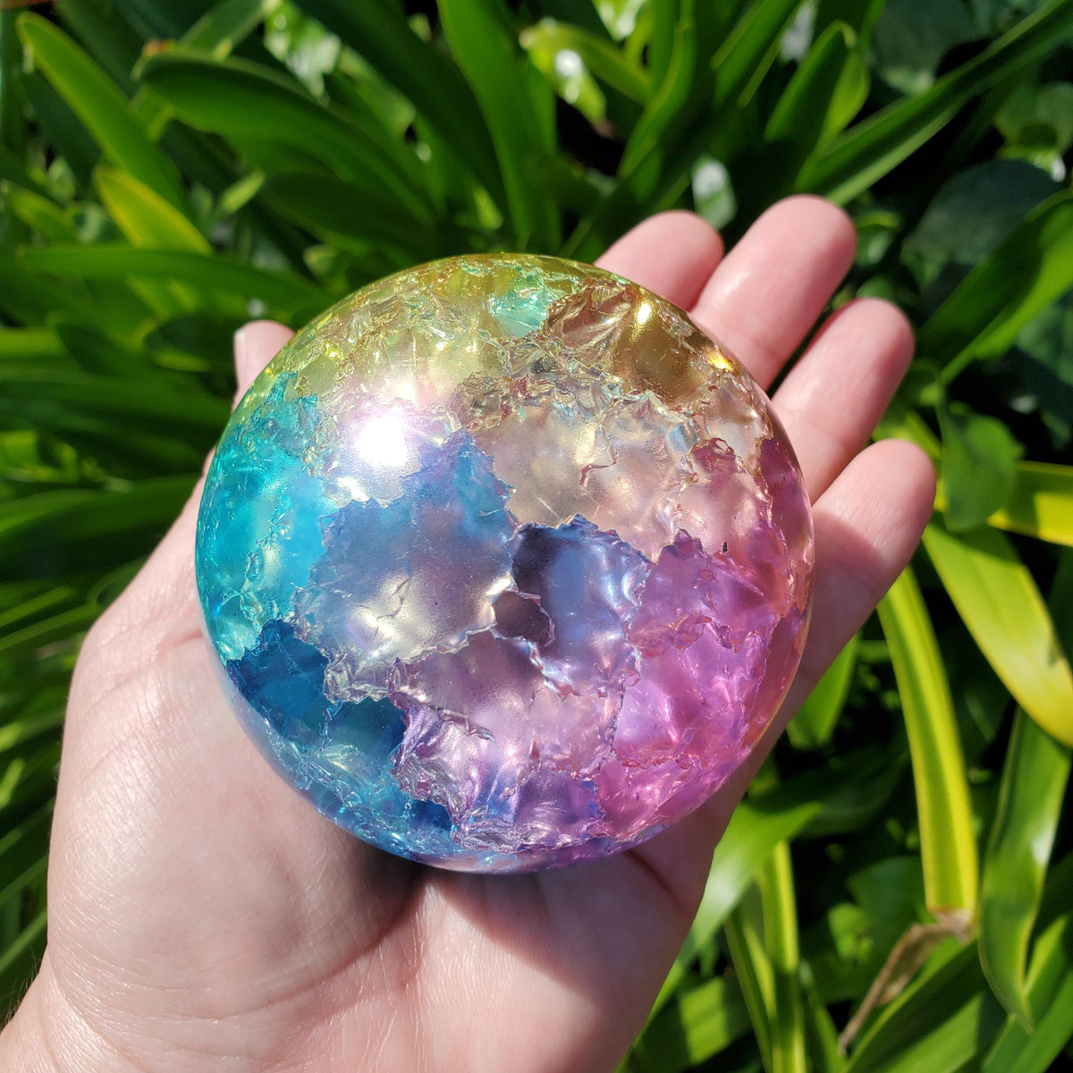 Big Rainbow Crackle Sphere with Glass Stand - Light Reflecting One of a Kind Crystal Ball - 3.05" Crystal Ball Statement Home Decor
