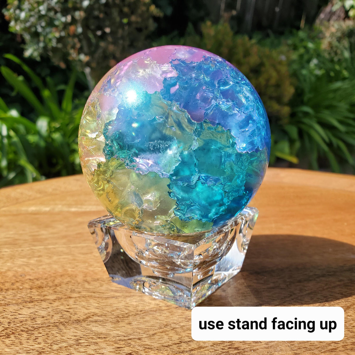 Big Rainbow Crackle Sphere with Glass Stand - Light Reflecting One of a Kind Crystal Ball - 3.05" Crystal Ball Statement Home Decor