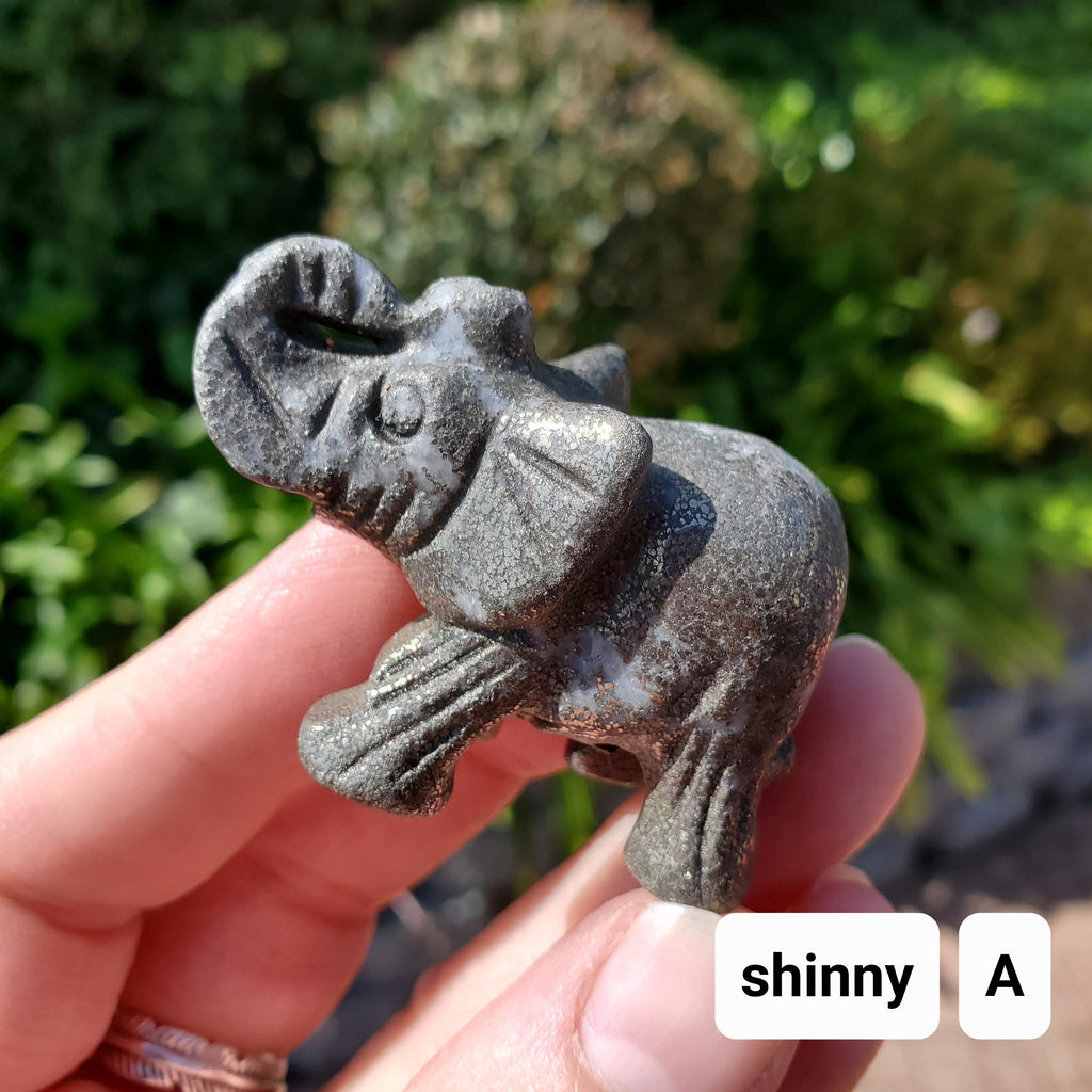 Cute Pyrite Elephant - Blocks Negativity, Blocks EMF, Boost Personal Power - Pyrite Carved Elephant Figurine Healing Gemstones