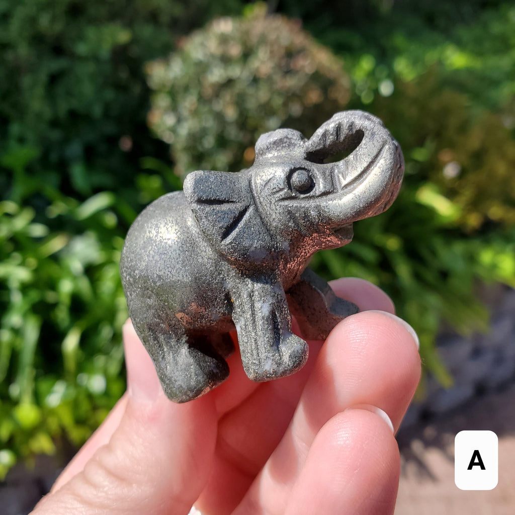 Cute Pyrite Elephant - Blocks Negativity, Blocks EMF, Boost Personal Power - Pyrite Carved Elephant Figurine Healing Gemstones