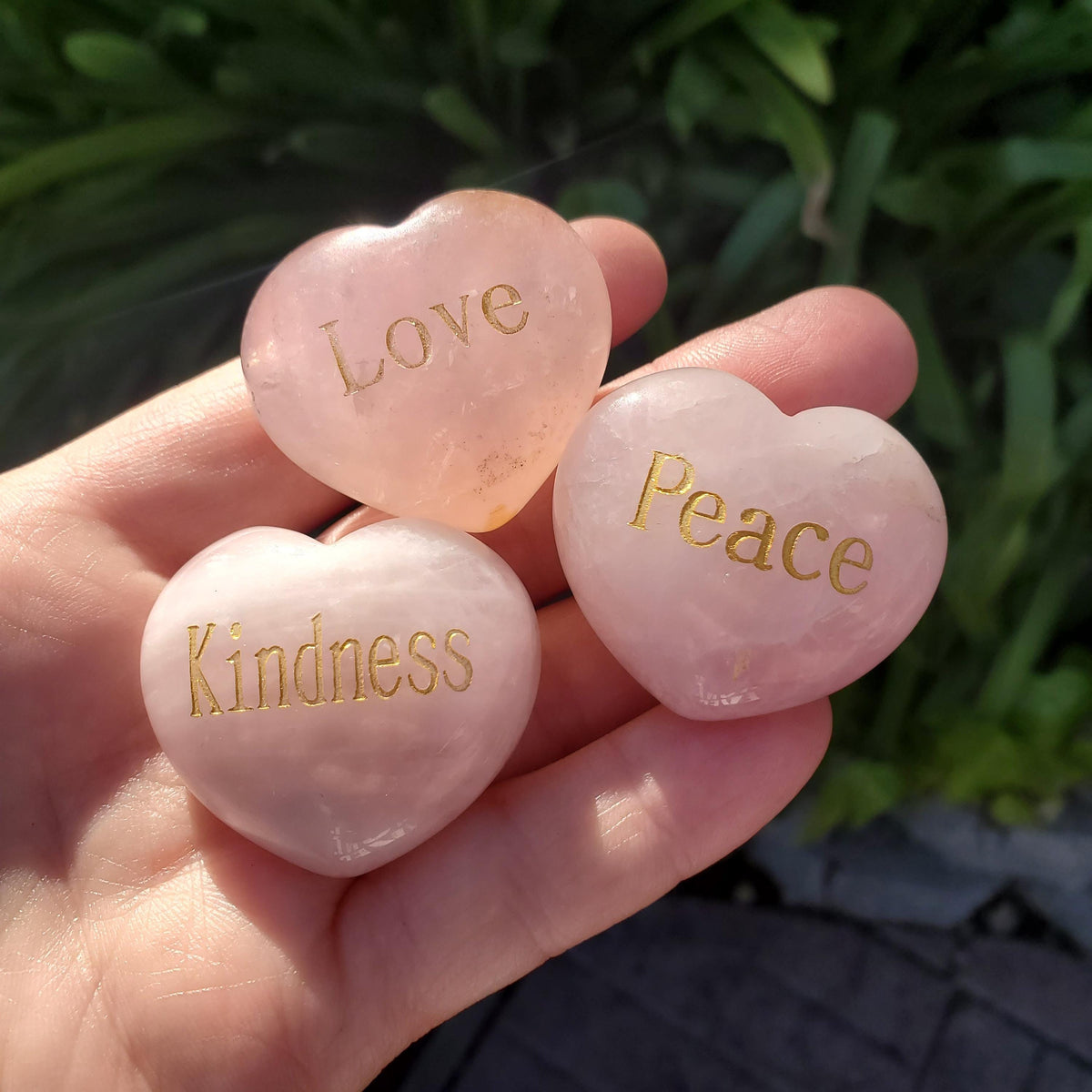 Rose Quartz Heart with Gold Engraving - Unconditional Love, Compassion, Self Love - Cute Pink Conversation Heart & Motivational Crystal