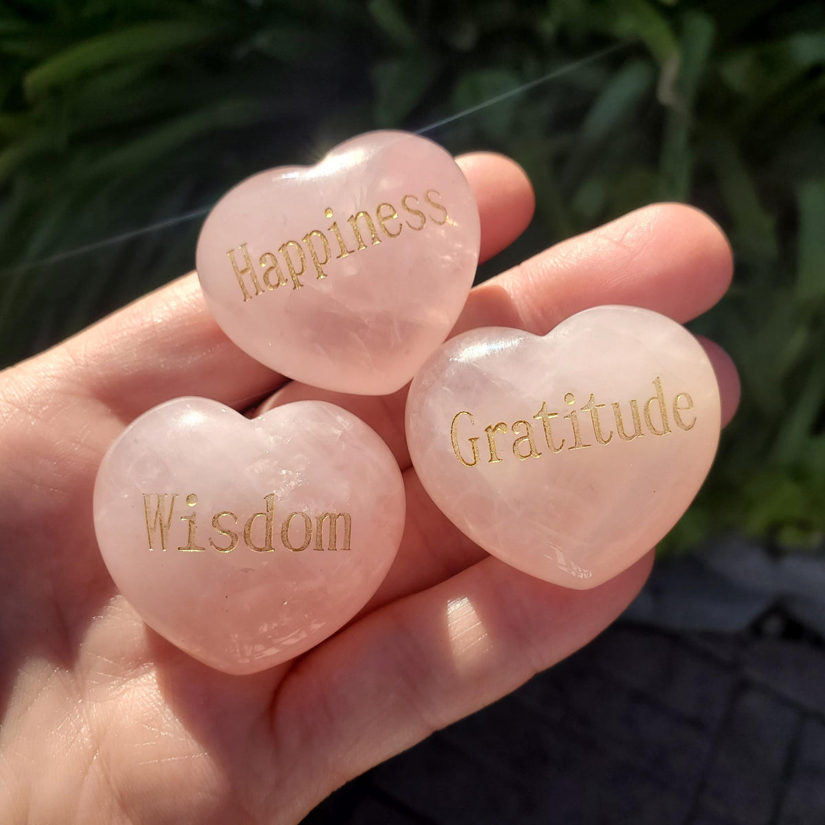 Rose Quartz Heart with Gold Engraving - Unconditional Love, Compassion, Self Love - Cute Pink Conversation Heart & Motivational Crystal