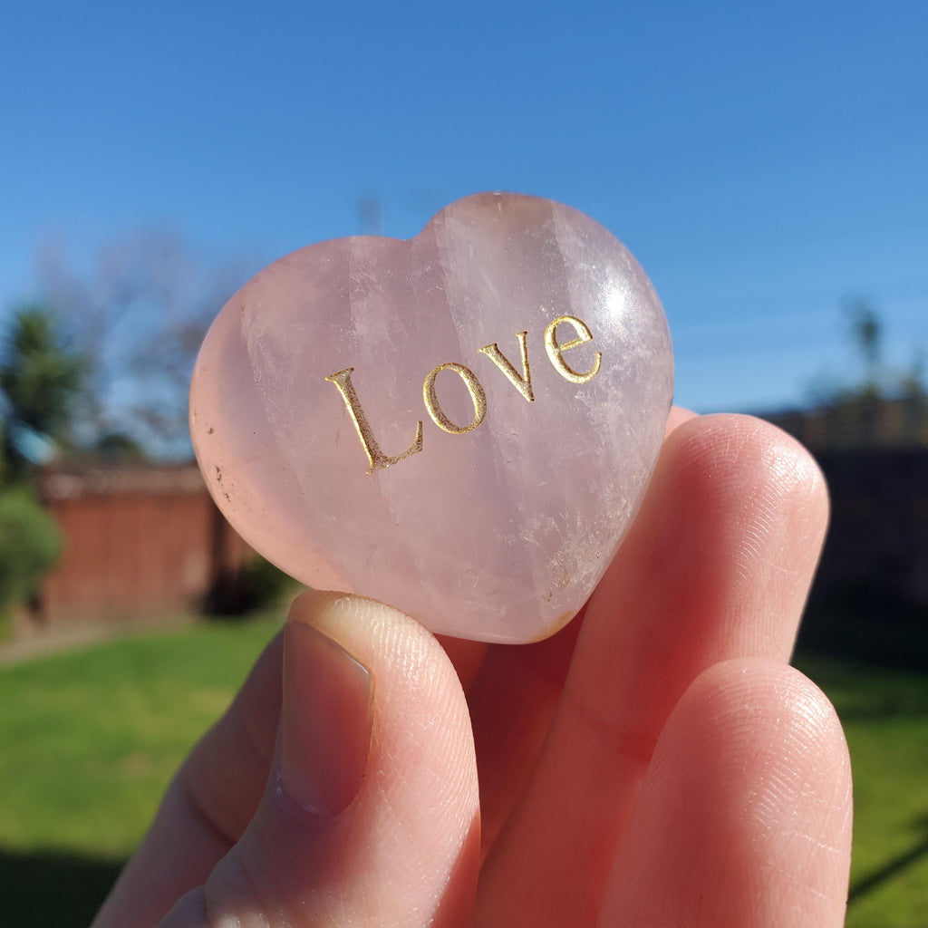 Rose Quartz Heart with Gold Engraving - Unconditional Love, Compassion, Self Love - Cute Pink Conversation Heart & Motivational Crystal