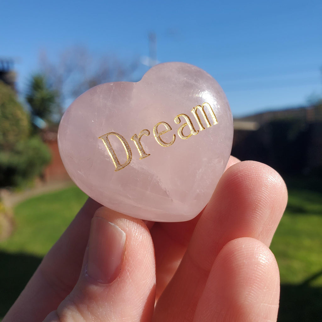 Rose Quartz Heart with Gold Engraving - Unconditional Love, Compassion, Self Love - Cute Pink Conversation Heart & Motivational Crystal