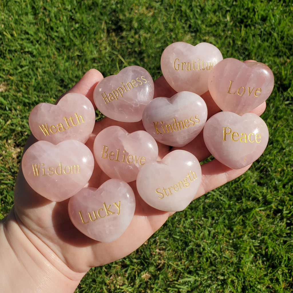 Rose Quartz Heart with Gold Engraving - Unconditional Love, Compassion, Self Love - Cute Pink Conversation Heart & Motivational Crystal