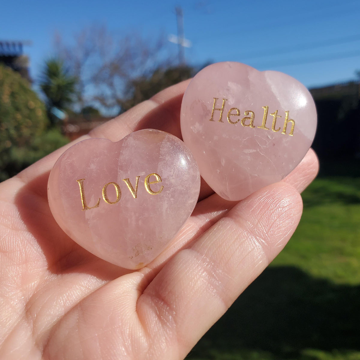 Rose Quartz Heart with Gold Engraving - Unconditional Love, Compassion, Self Love - Cute Pink Conversation Heart & Motivational Crystal