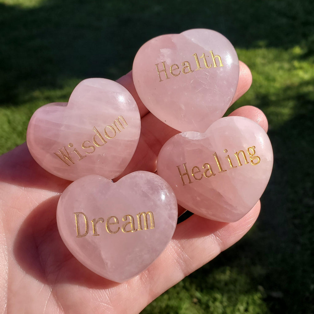 Rose Quartz Heart with Gold Engraving - Unconditional Love, Compassion, Self Love - Cute Pink Conversation Heart & Motivational Crystal