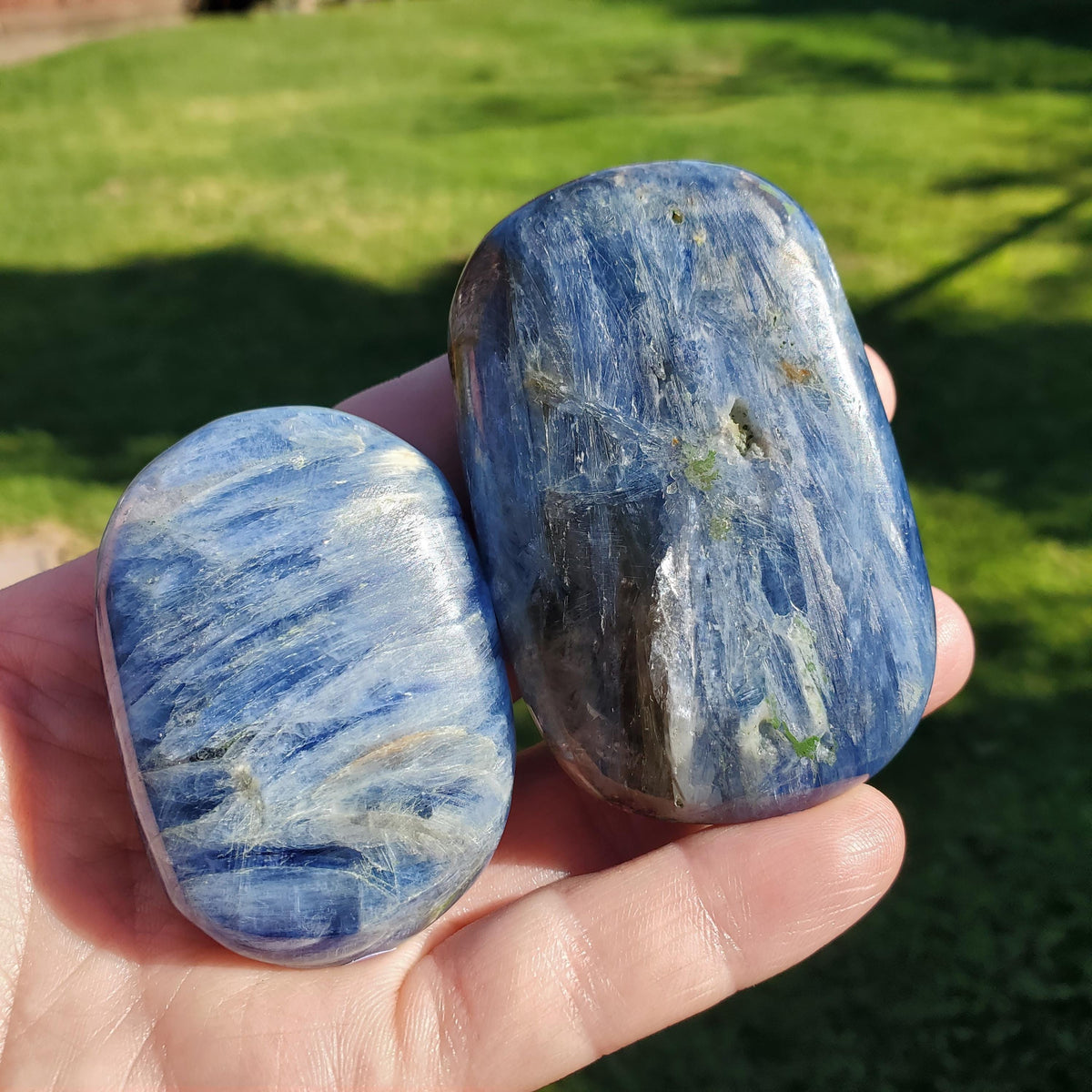 Flashy Blue Kyanite Palm Stone - Calming, Clarity, Connection, Communication, Balances Chakras - Kyanite Crystal Palm Gemstone