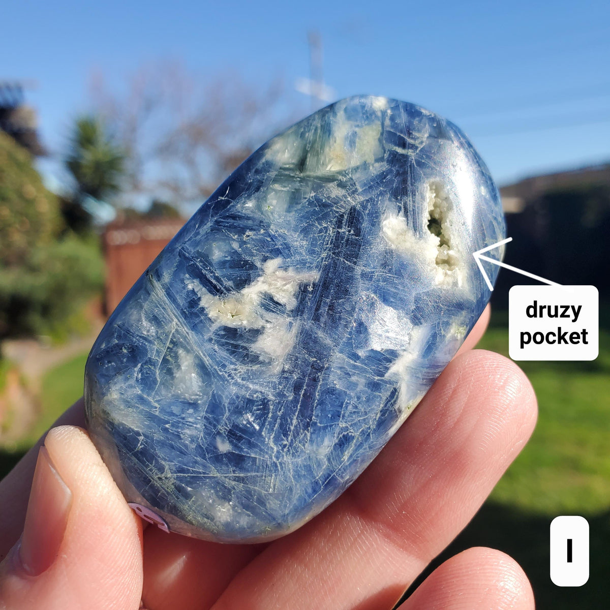 Flashy Blue Kyanite Palm Stone - Calming, Clarity, Connection, Communication, Balances Chakras - Kyanite Crystal Palm Gemstone