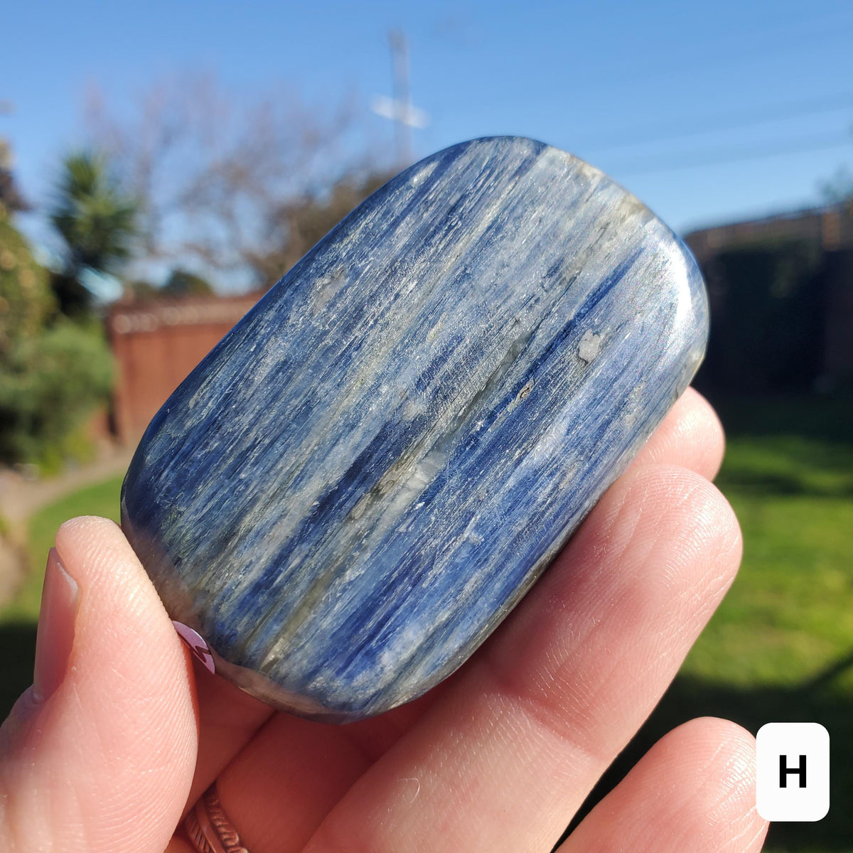 Flashy Blue Kyanite Palm Stone - Calming, Clarity, Connection, Communication, Balances Chakras - Kyanite Crystal Palm Gemstone