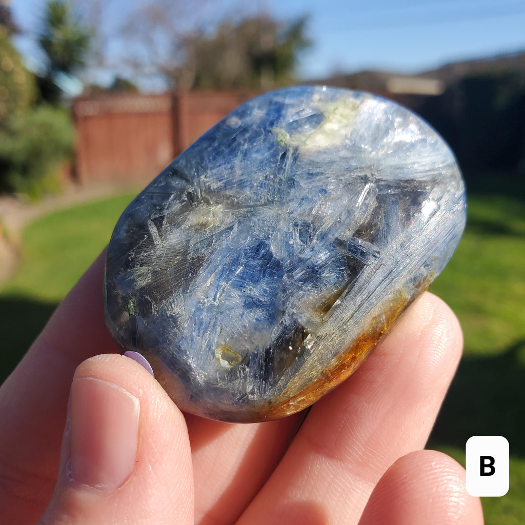 Flashy Blue Kyanite Palm Stone - Calming, Clarity, Connection, Communication, Balances Chakras - Kyanite Crystal Palm Gemstone