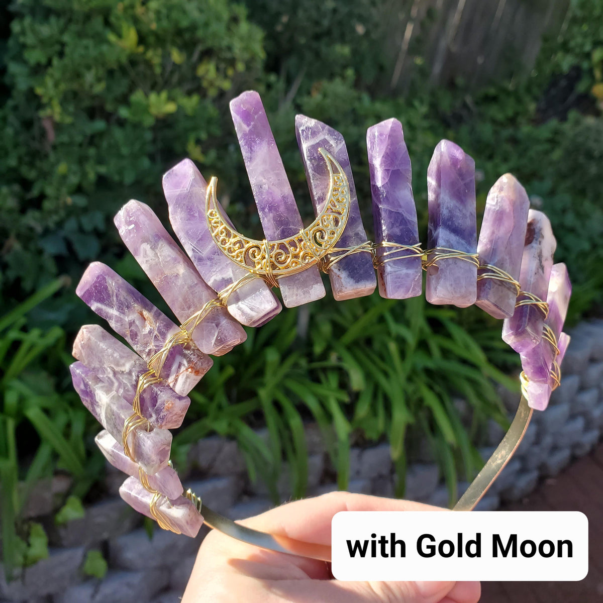 Dream Amethyst Crown with Moon - Calming, Energetic Protection, Positivity, Divine Love - Amethyst Crystal Crown Goddess Headpiece