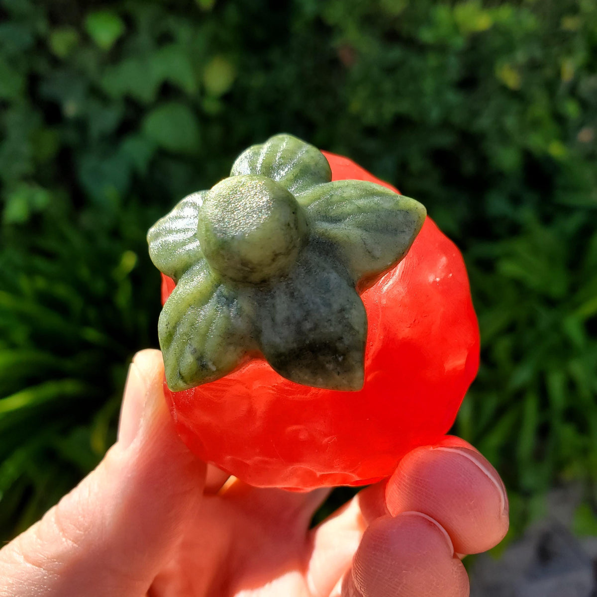 Chunky Red Glass Strawberry with Serpentine Jade Top - Confidence, Intuition, Rebirth, Guides Us To Our Purpose - Cute Fruit Carving Stone