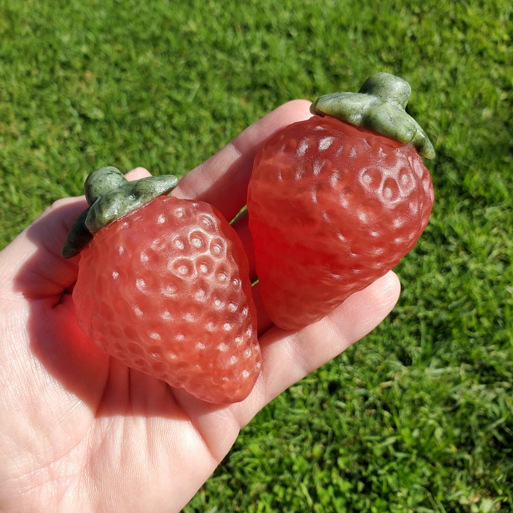 Chunky Red Glass Strawberry with Serpentine Jade Top - Confidence, Intuition, Rebirth, Guides Us To Our Purpose - Cute Fruit Carving Stone
