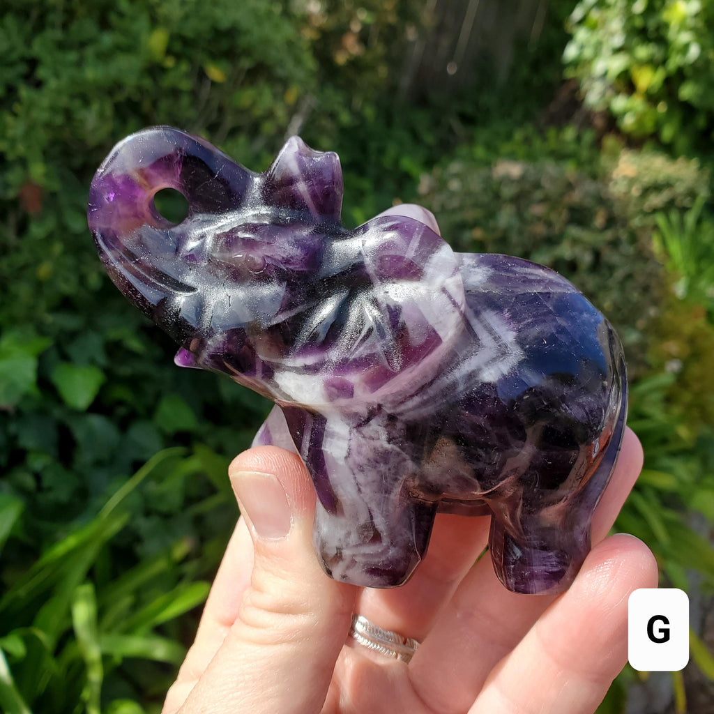 Dream Amethyst Elephant - Calming, Energetic Protection, Positivity, Divine Love - Purple Chevron Amethyst Crystal Elephant Gemstone
