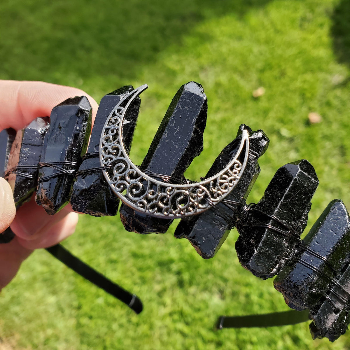Black Quartz Crystal Crown with Moon - Counteracts Negative, Energizes Positive Energy - Goddess Crown Party Celebration Attire Costume