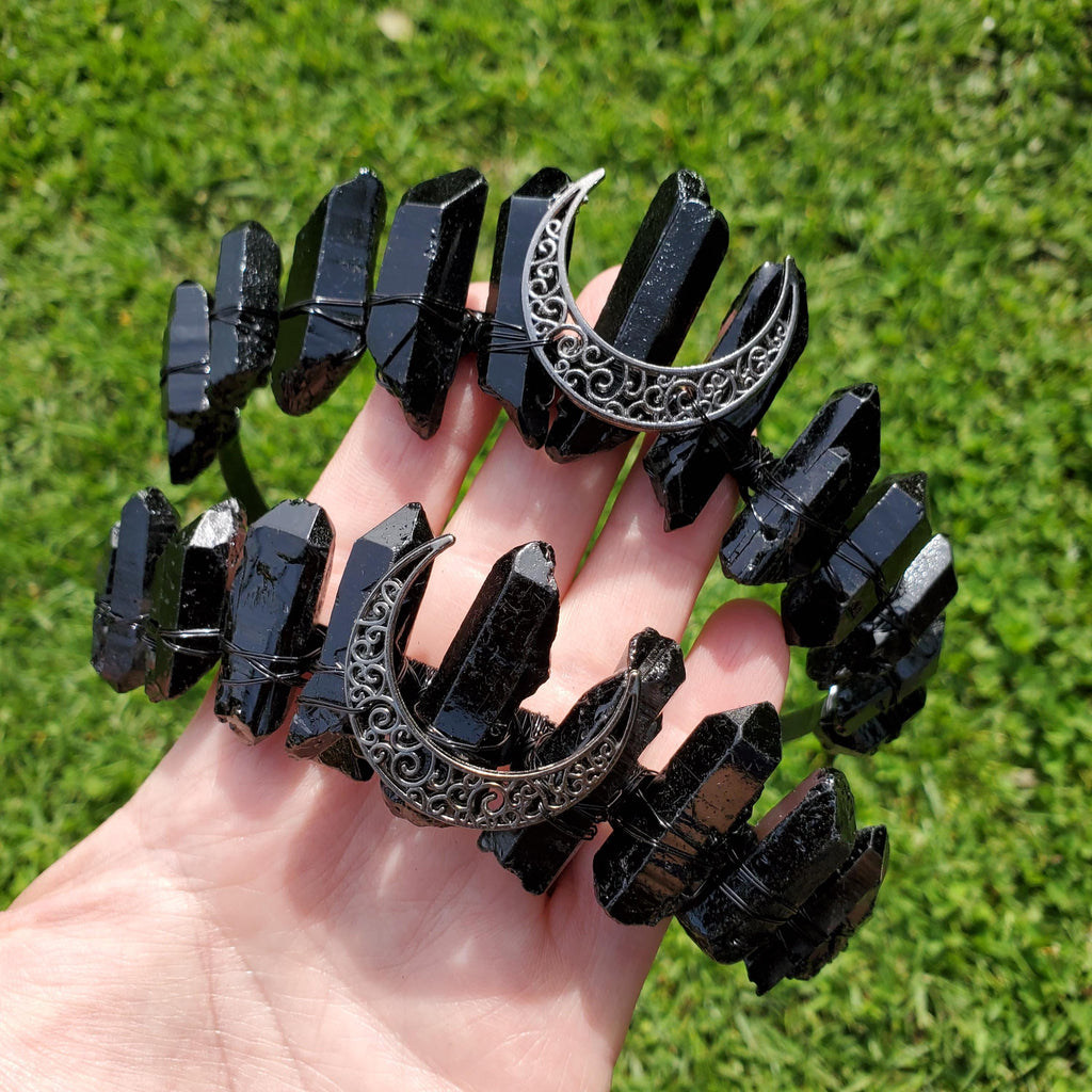 Black Quartz Crystal Crown with Moon - Counteracts Negative, Energizes Positive Energy - Goddess Crown Party Celebration Attire Costume