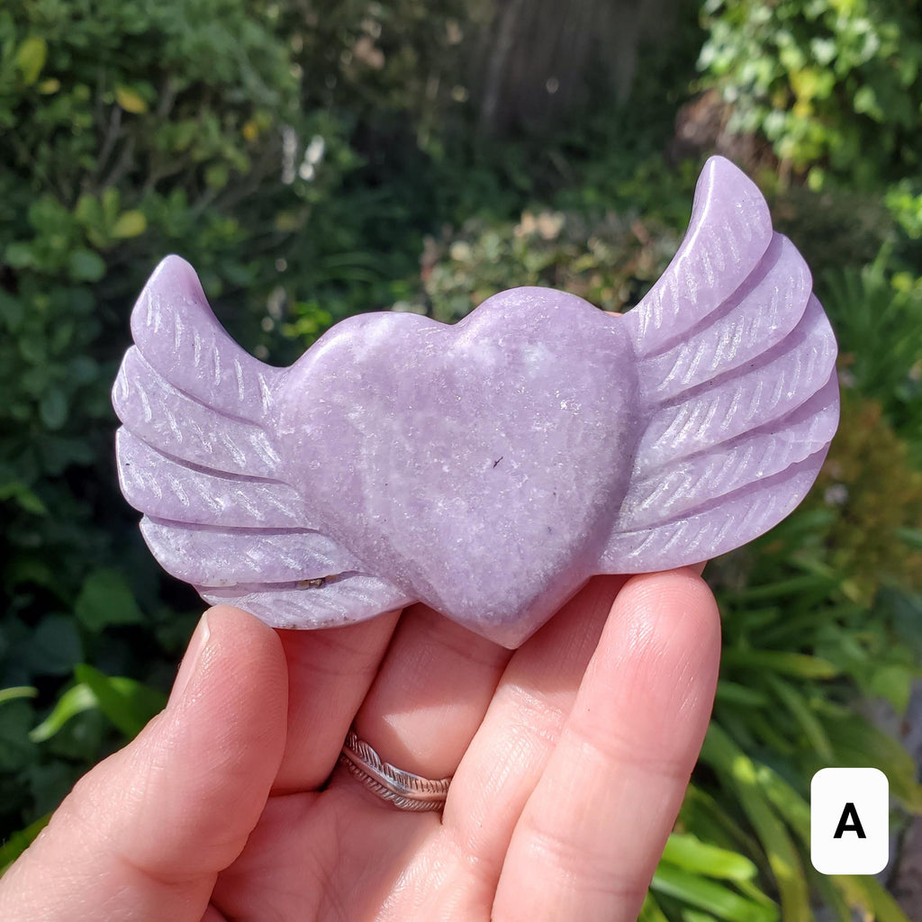 Lepidolite Heart Wings on Stand - Transitions, Stress Relief, Calming - Cute Purple Heart Crystal Carving with Wings Healing Gemstone