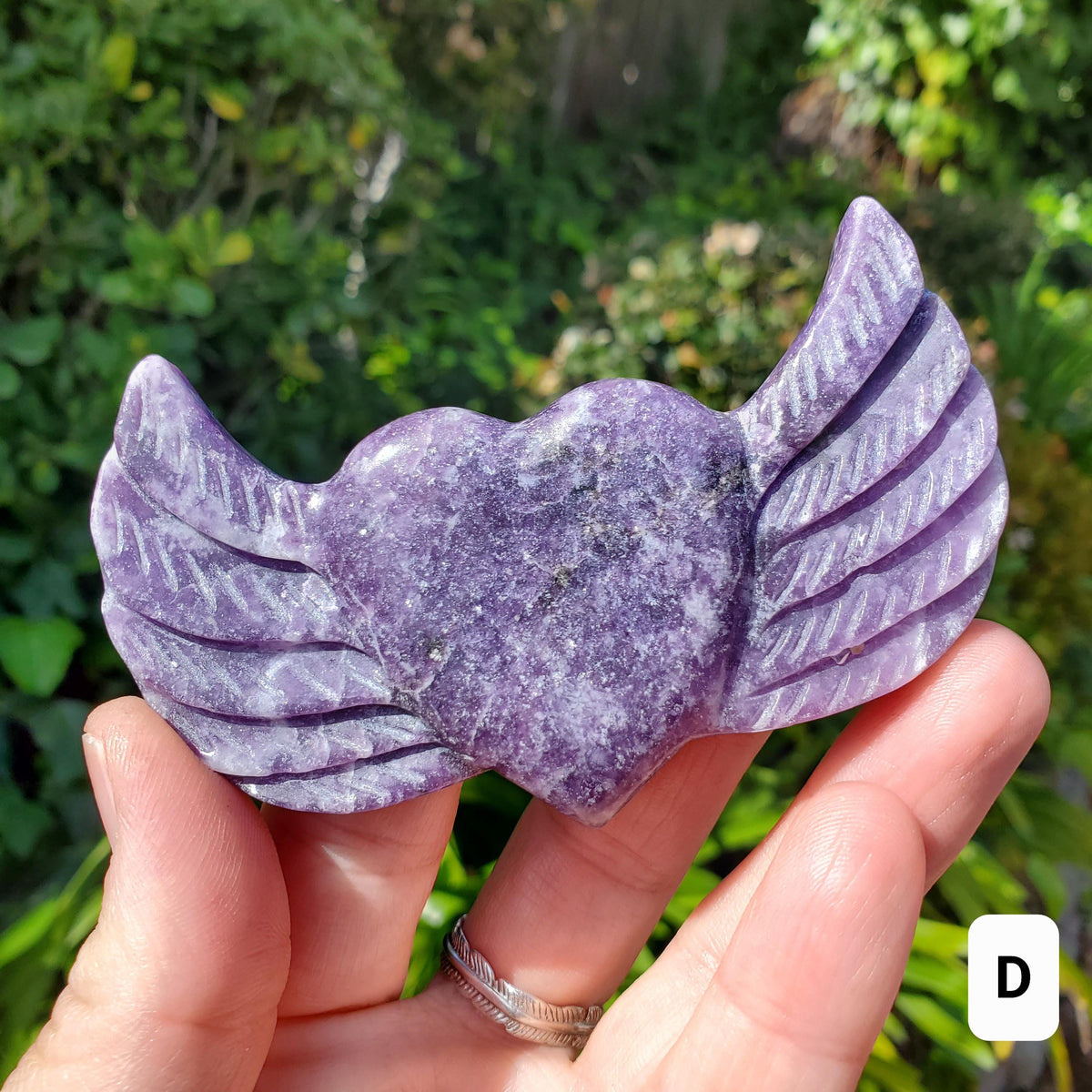 Lepidolite Heart Wings on Stand - Transitions, Stress Relief, Calming - Cute Purple Heart Crystal Carving with Wings Healing Gemstone